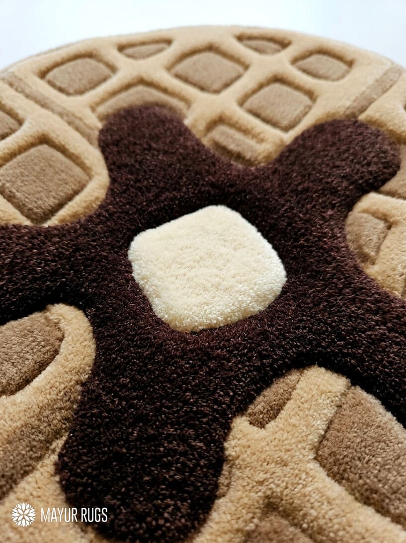 Chocolate waffle cookie hand-tufted rug handmade in India by Mayur Rugs featuring realistic waffle details with chocolate syrup and butter in a soft food-inspired design.