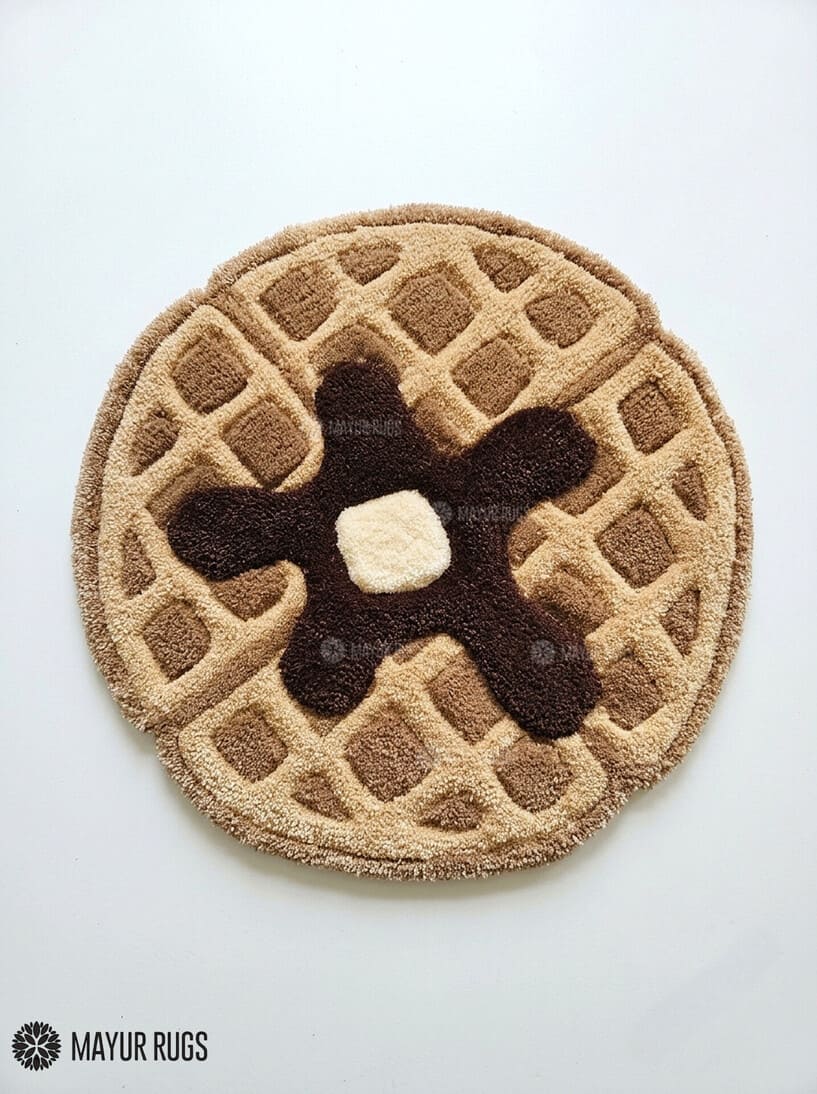 Chocolate waffle cookie hand-tufted rug handmade in India by Mayur Rugs featuring realistic waffle details with chocolate syrup and butter in a soft food-inspired design.
