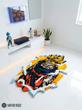 Goku inspired Super Saiyan 3D hand-tufted custom wool rug featuring spiky golden hair, green eyes, dark blue and orange clothing, and white energy-inspired details by Mayur Rugs.