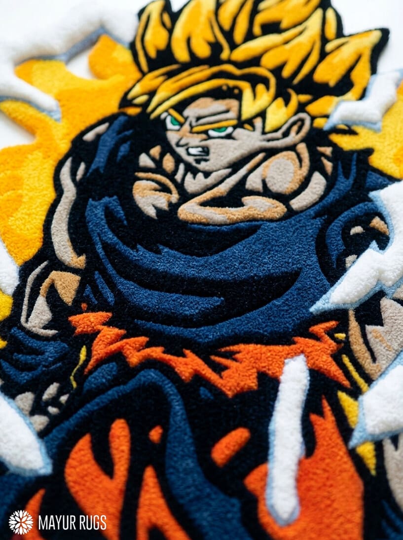 Goku inspired Super Saiyan 3D hand-tufted custom wool rug featuring spiky golden hair, green eyes, dark blue and orange clothing, and white energy-inspired details by Mayur Rugs.