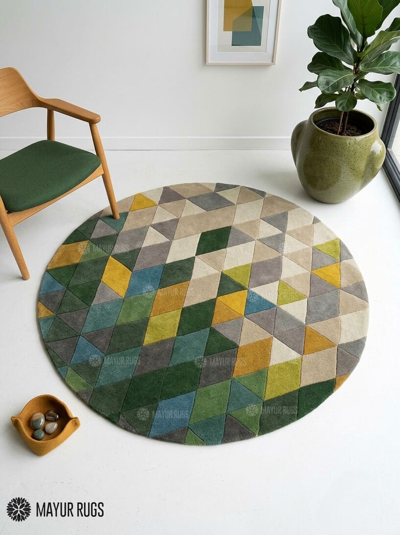 Abstract geometric round hand-tufted wool area rug featuring multicolor triangles and angular shapes in green, mustard, taupe, grey, blue, and cream by Mayur Rugs.
