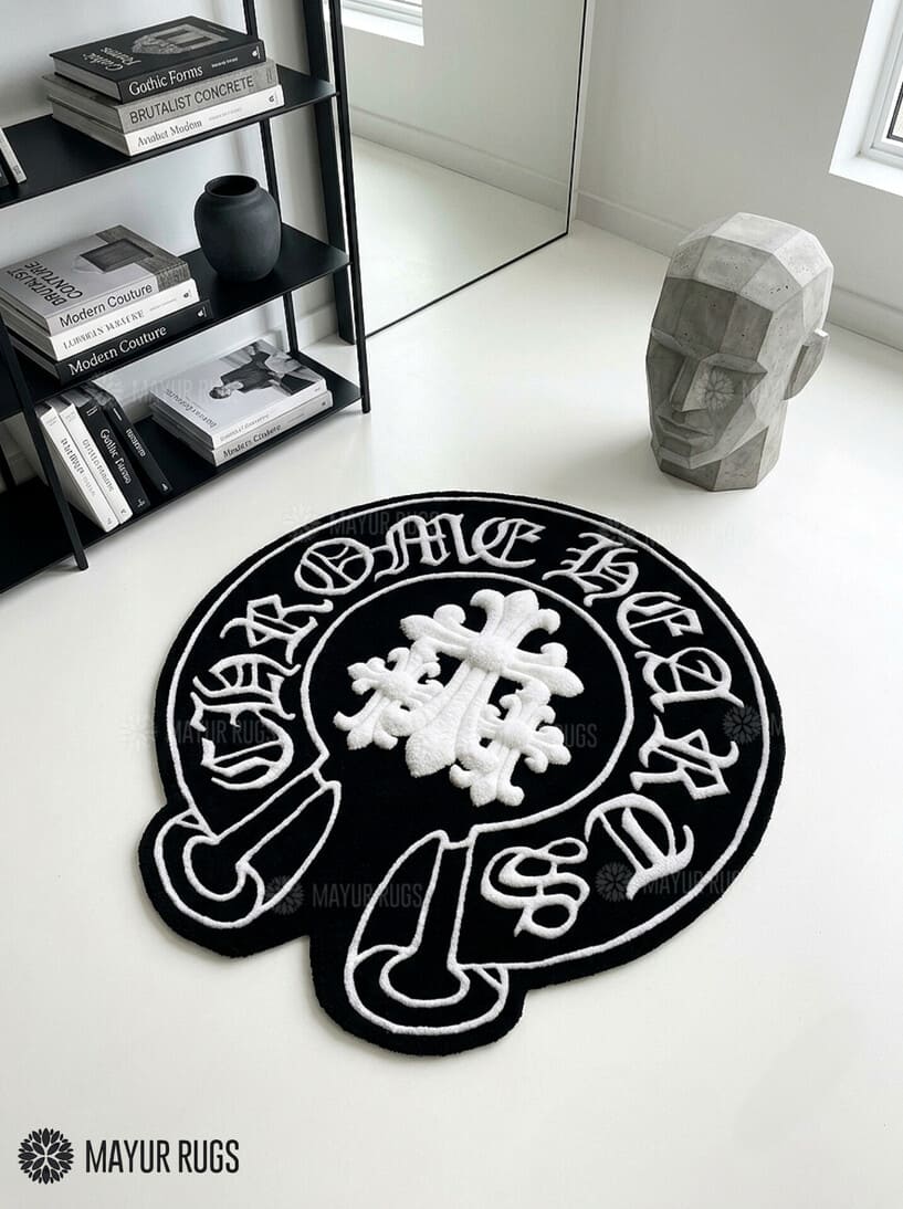 Chrome Hearts inspired gothic 3D hand-tufted custom wool rug featuring Old English lettering, gothic cross artwork, and black and white streetwear styling by Mayur Rugs.