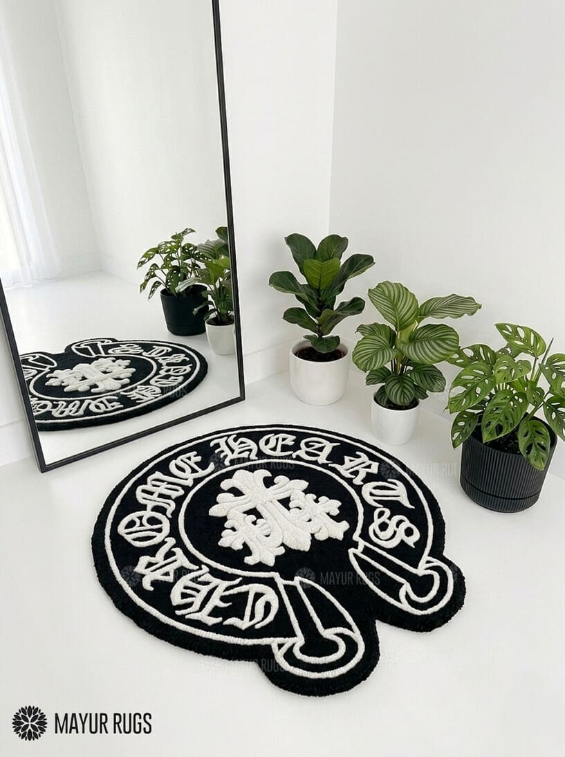 Chrome Hearts inspired gothic 3D hand-tufted custom wool rug featuring Old English lettering, gothic cross artwork, and black and white streetwear styling by Mayur Rugs.