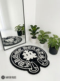 Chrome Hearts inspired gothic 3D hand-tufted custom wool rug featuring Old English lettering, gothic cross artwork, and black and white streetwear styling by Mayur Rugs.