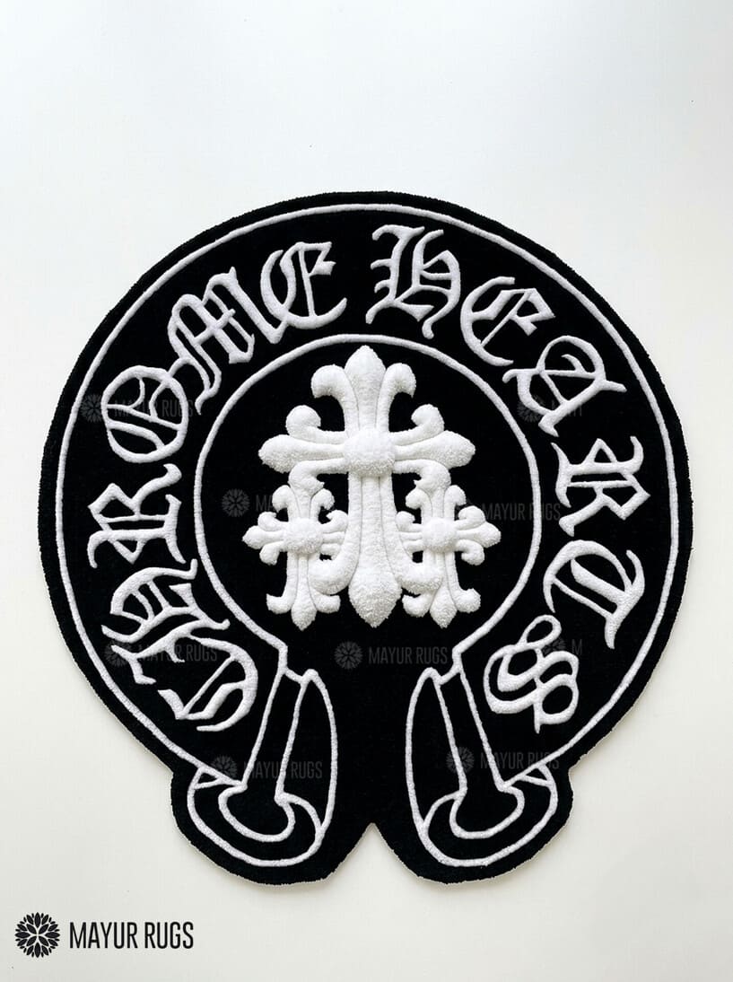 Chrome Hearts inspired gothic 3D hand-tufted custom wool rug featuring Old English lettering, gothic cross artwork, and black and white streetwear styling by Mayur Rugs.