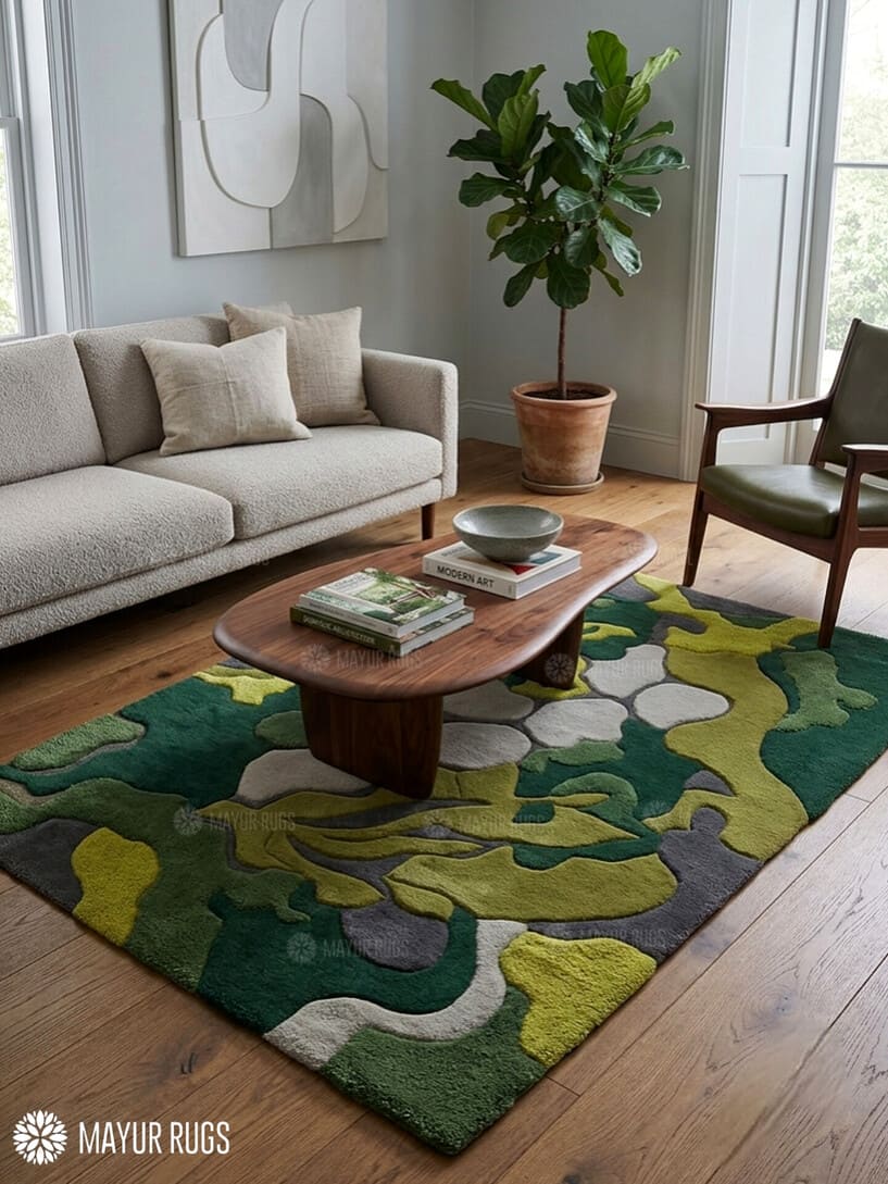 A green and yellow abstract patterned area rug on a wooden floor in a modern living room setting, styled with a wooden coffee table, beige sofa, and a potted fiddle-leaf fig plant.