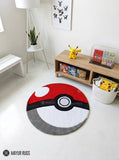 Poké Ball inspired hand-tufted custom wool rug featuring the iconic red, white, black, and grey Pokémon-inspired design by Mayur Rugs.