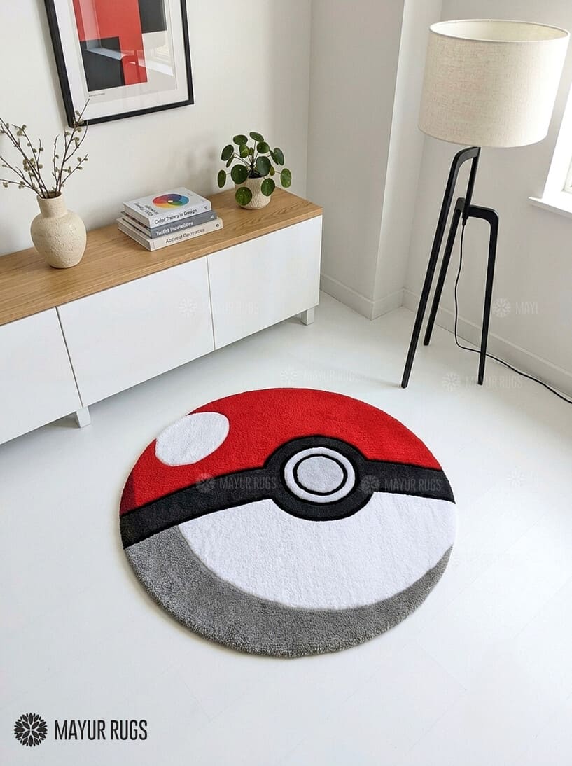 A round Pokéball-inspired rug in red, white, black, and gray, styled on a white floor in a modern room with a sideboard, lamp, and small plant.