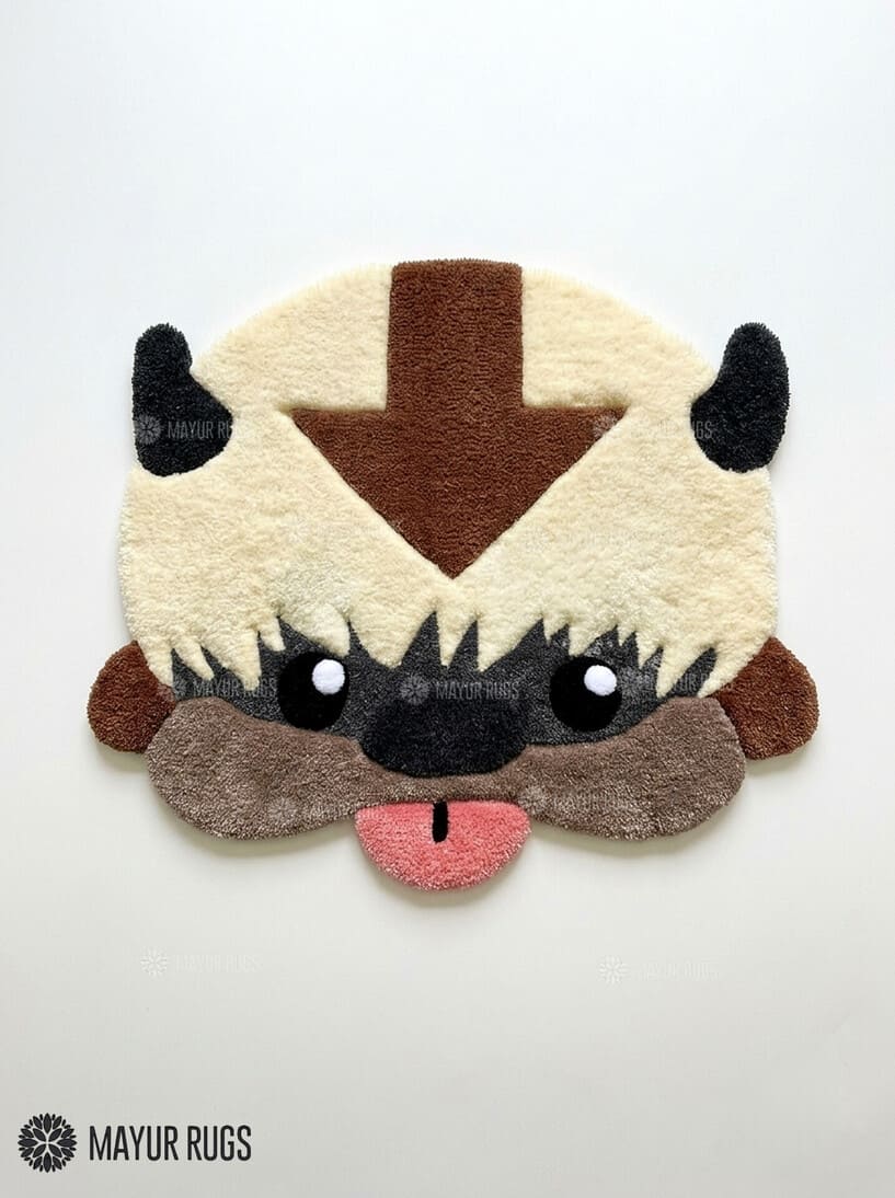 Appa inspired Avatar hand-tufted custom wool rug featuring the flying bison character with cream fur, dark horns, brown forehead arrow, expressive eyes, and pink tongue by Mayur Rugs.