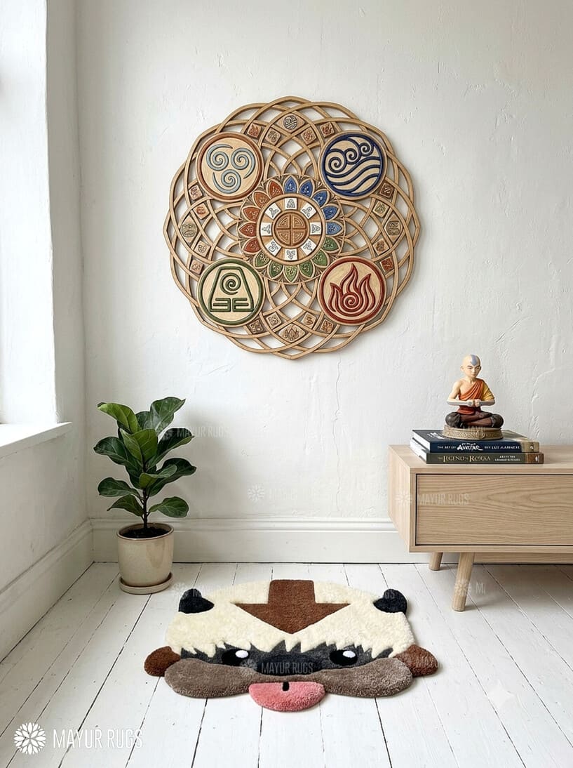 Appa inspired Avatar hand-tufted custom wool rug featuring the flying bison character with cream fur, dark horns, brown forehead arrow, expressive eyes, and pink tongue by Mayur Rugs.