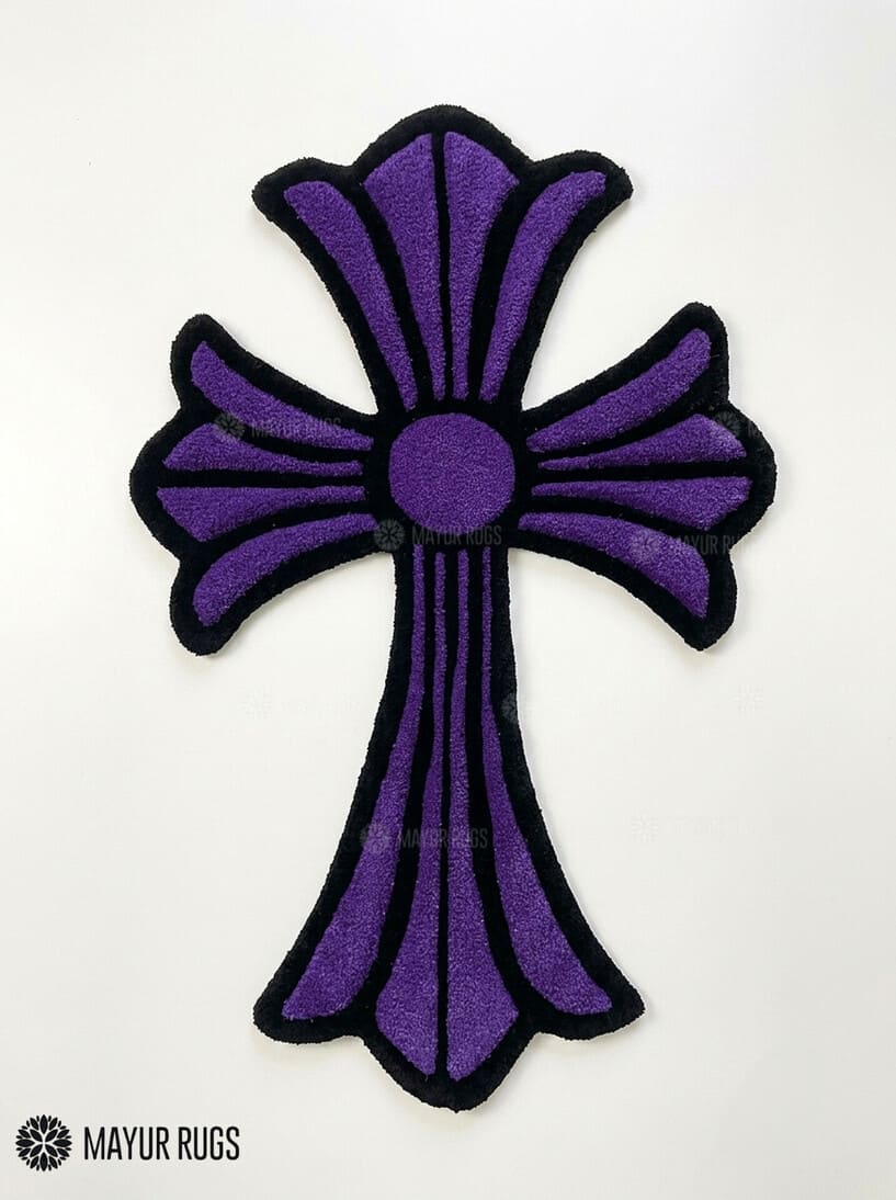 Chrome Hearts inspired purple gothic cross hand-tufted custom wool rug featuring raised sculptural detailing, a black outline, and Y2K streetwear styling by Mayur Rugs.