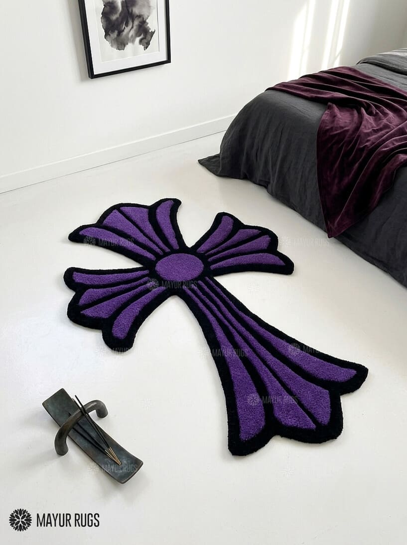 Chrome Hearts inspired purple gothic cross hand-tufted custom wool rug featuring raised sculptural detailing, a black outline, and Y2K streetwear styling by Mayur Rugs.