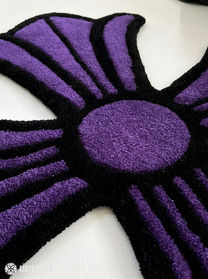 Chrome Hearts inspired purple gothic cross hand-tufted custom wool rug featuring raised sculptural detailing, a black outline, and Y2K streetwear styling by Mayur Rugs.