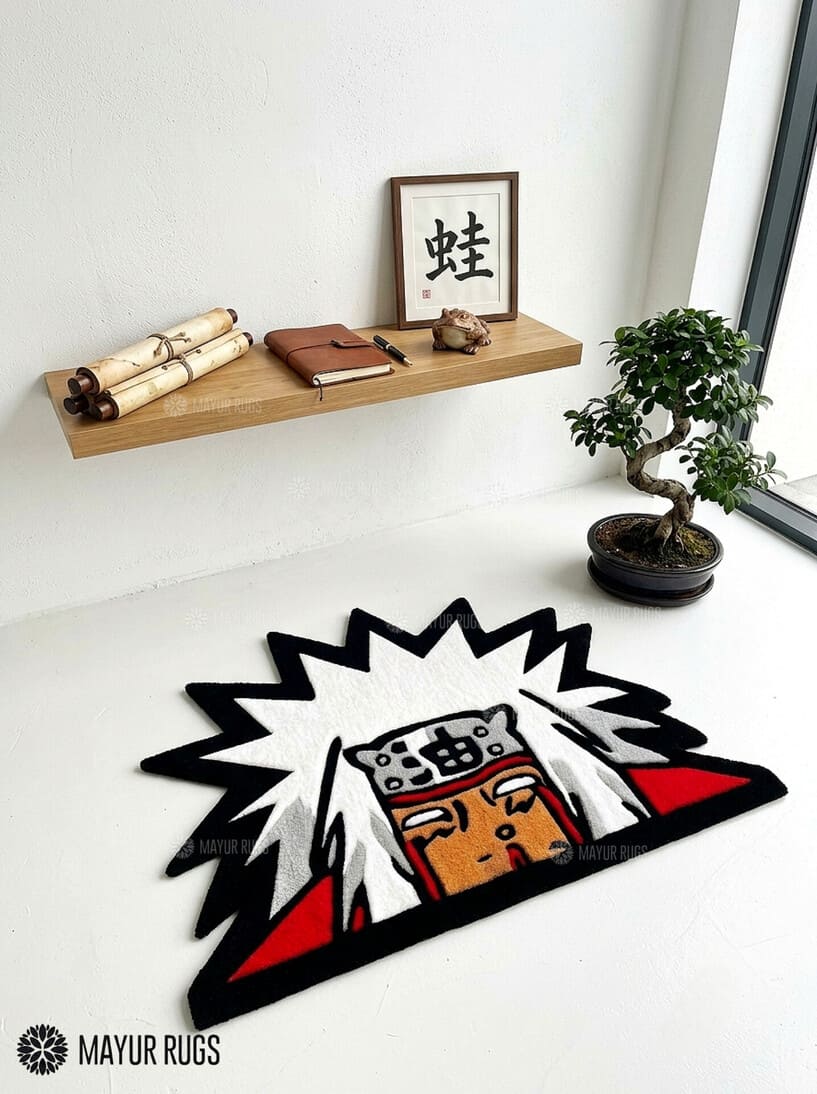 Jiraiya anime hand-tufted custom wool rug featuring the Naruto character Jiraiya with white hair, red and black clothing, and detailed handcrafted artwork by Mayur Rugs.