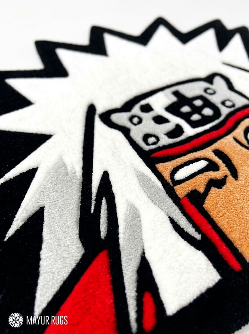 Jiraiya anime hand-tufted custom wool rug featuring the Naruto character Jiraiya with white hair, red and black clothing, and detailed handcrafted artwork by Mayur Rugs.