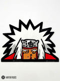 Jiraiya anime hand-tufted custom wool rug featuring the Naruto character Jiraiya with white hair, red and black clothing, and detailed handcrafted artwork by Mayur Rugs.