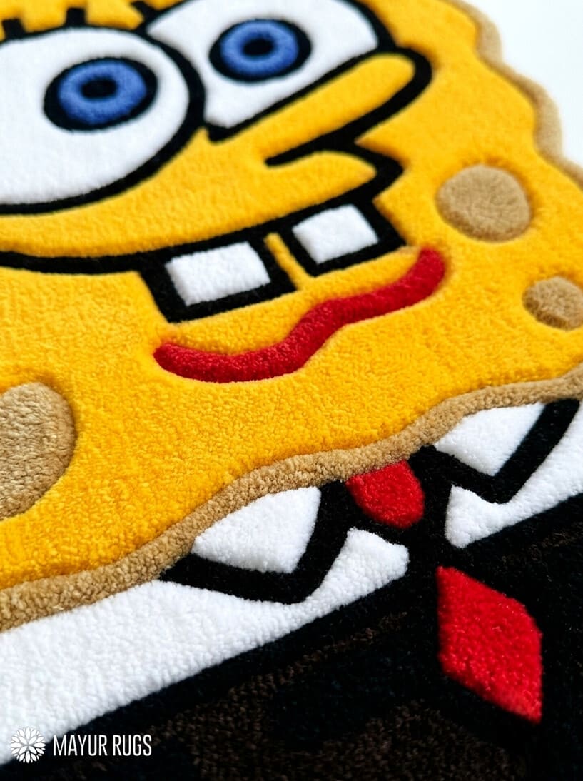 A close-up of a plush rug featuring SpongeBob SquarePants' face and upper body, with yellow, white, black, red, and blue details. The rug fills almost the entire frame, with a small 'MAYUR RUGS' watermark in the bottom-left corner.