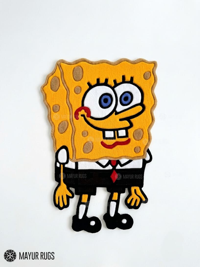 SpongeBob SquarePants hand-tufted custom wool rug featuring a colorful character design with yellow body, white shirt, red tie, and black pants by Mayur Rugs.