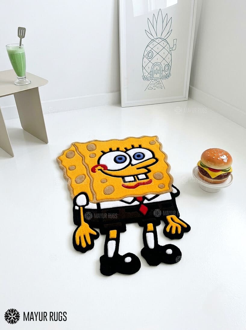SpongeBob SquarePants hand-tufted custom wool rug featuring a colorful character design with yellow body, white shirt, red tie, and black pants by Mayur Rugs.