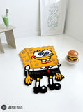 SpongeBob SquarePants hand-tufted custom wool rug featuring a colorful character design with yellow body, white shirt, red tie, and black pants by Mayur Rugs.