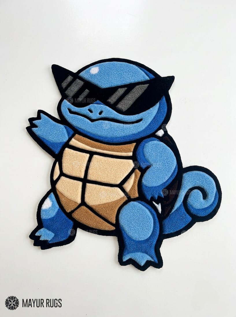 Cool Squirtle Squad hand-tufted custom wool rug featuring a blue Squirtle character wearing black sunglasses with a tan shell and curled tail by Mayur Rugs.