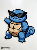 Cool Squirtle Squad hand-tufted custom wool rug featuring a blue Squirtle character wearing black sunglasses with a tan shell and curled tail by Mayur Rugs.