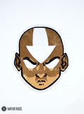 Aang inspired Avatar hand-tufted custom wool rug featuring a bald anime character with a white forehead arrow, expressive eyes, and detailed tan and brown artwork by Mayur Rugs.