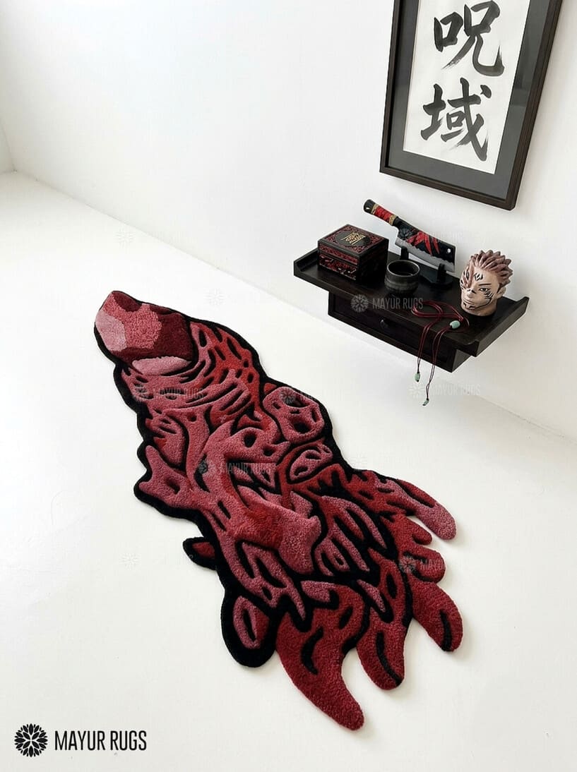 Sukuna cursed finger hand-tufted custom wool rug featuring dark red, black, and cream Jujutsu Kaisen anime artwork by Mayur Rugs.