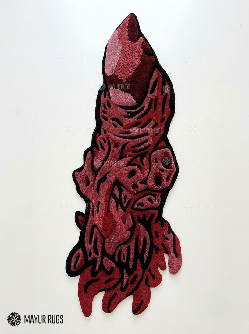 Sukuna cursed finger hand-tufted custom wool rug featuring dark red, black, and cream Jujutsu Kaisen anime artwork by Mayur Rugs.