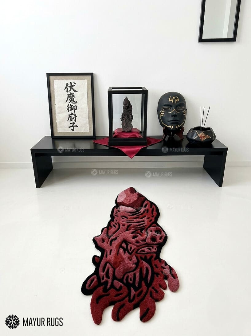 Sukuna cursed finger hand-tufted custom wool rug featuring dark red, black, and cream Jujutsu Kaisen anime artwork by Mayur Rugs.