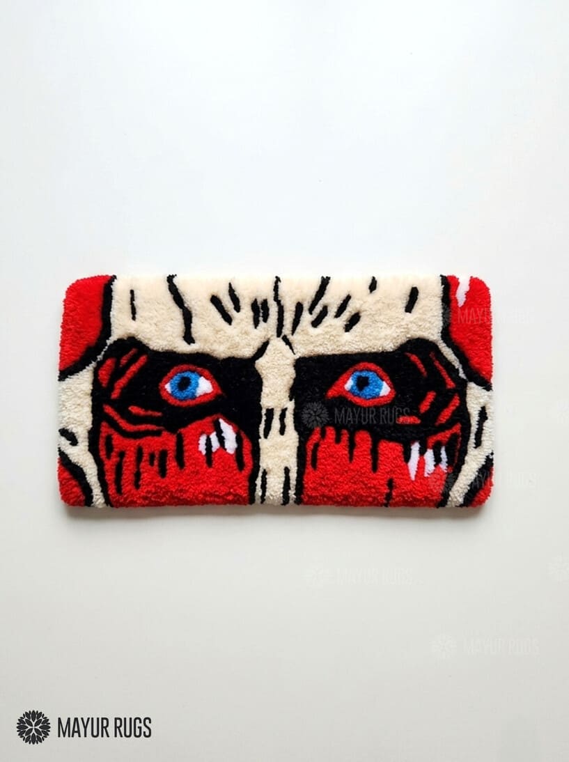 Attack on Titan inspired hand-tufted keyboard rug featuring dramatic anime character artwork in red, black, cream, and blue for gaming desk and anime room décor by Mayur Rugs.