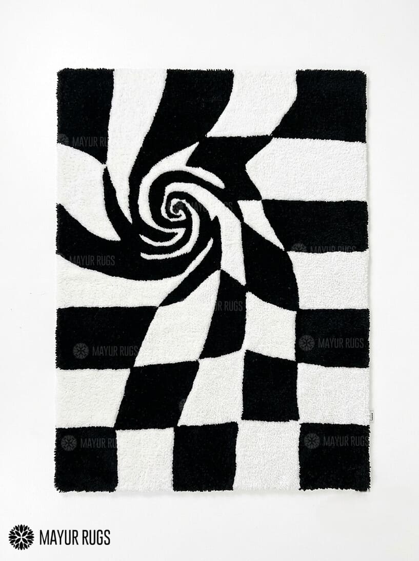 Black and white optical illusion 3D hand-tufted area rug featuring a checkerboard spiral vortex pattern with strong geometric depth by Mayur Rugs.
