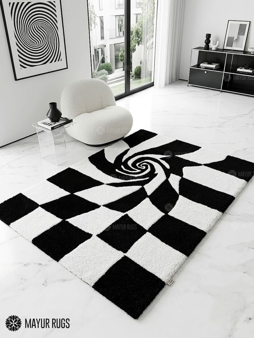 Black and white optical illusion 3D hand-tufted area rug featuring a checkerboard spiral vortex pattern with strong geometric depth by Mayur Rugs.