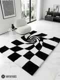 Black and white optical illusion 3D hand-tufted area rug featuring a checkerboard spiral vortex pattern with strong geometric depth by Mayur Rugs.