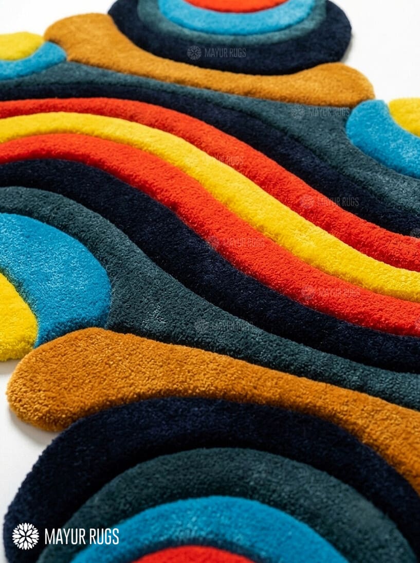 Wavy abstract hand-tufted 3D wool area rug featuring colorful sculptural curves and organic shapes in red, yellow, blue, orange, teal, charcoal, and navy by Mayur Rugs.