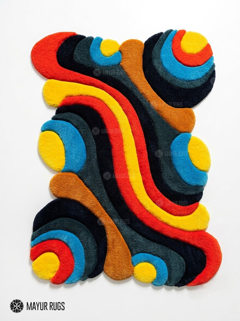 Wavy abstract hand-tufted 3D wool area rug featuring colorful sculptural curves and organic shapes in red, yellow, blue, orange, teal, charcoal, and navy by Mayur Rugs.