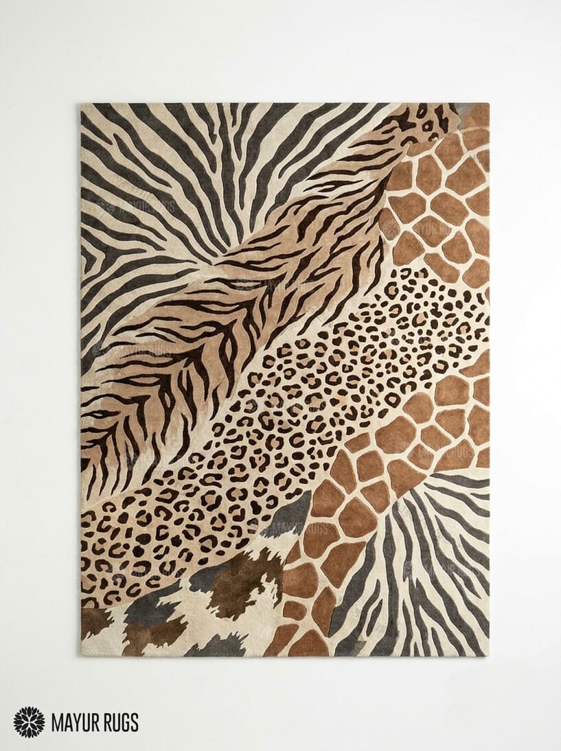 Safari animal print hand-tufted wool area rug featuring zebra stripes, leopard spots, giraffe markings, and tiger-inspired patterns in neutral brown, beige, cream, and charcoal tones by Mayur Rugs.