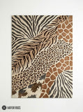 Safari animal print hand-tufted wool area rug featuring zebra stripes, leopard spots, giraffe markings, and tiger-inspired patterns in neutral brown, beige, cream, and charcoal tones by Mayur Rugs.