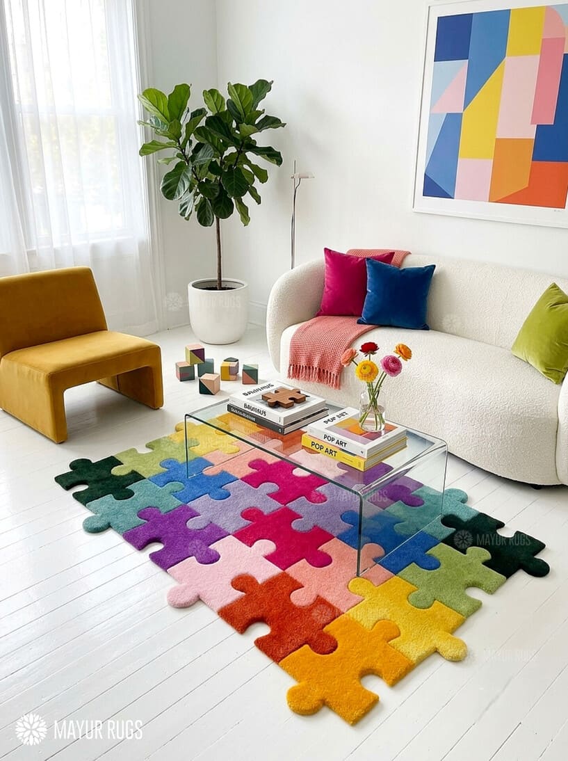 Colorful jigsaw puzzle hand-tufted area rug featuring interlocking puzzle pieces in yellow, orange, pink, red, purple, blue, teal, green, and black by Mayur Rugs.