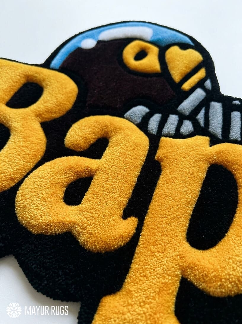 BAPE inspired ape head hand-tufted custom wool rug featuring oversized raised orange Bape typography, black graphic base, and a blue-and-white cap-wearing ape character by Mayur Rugs.