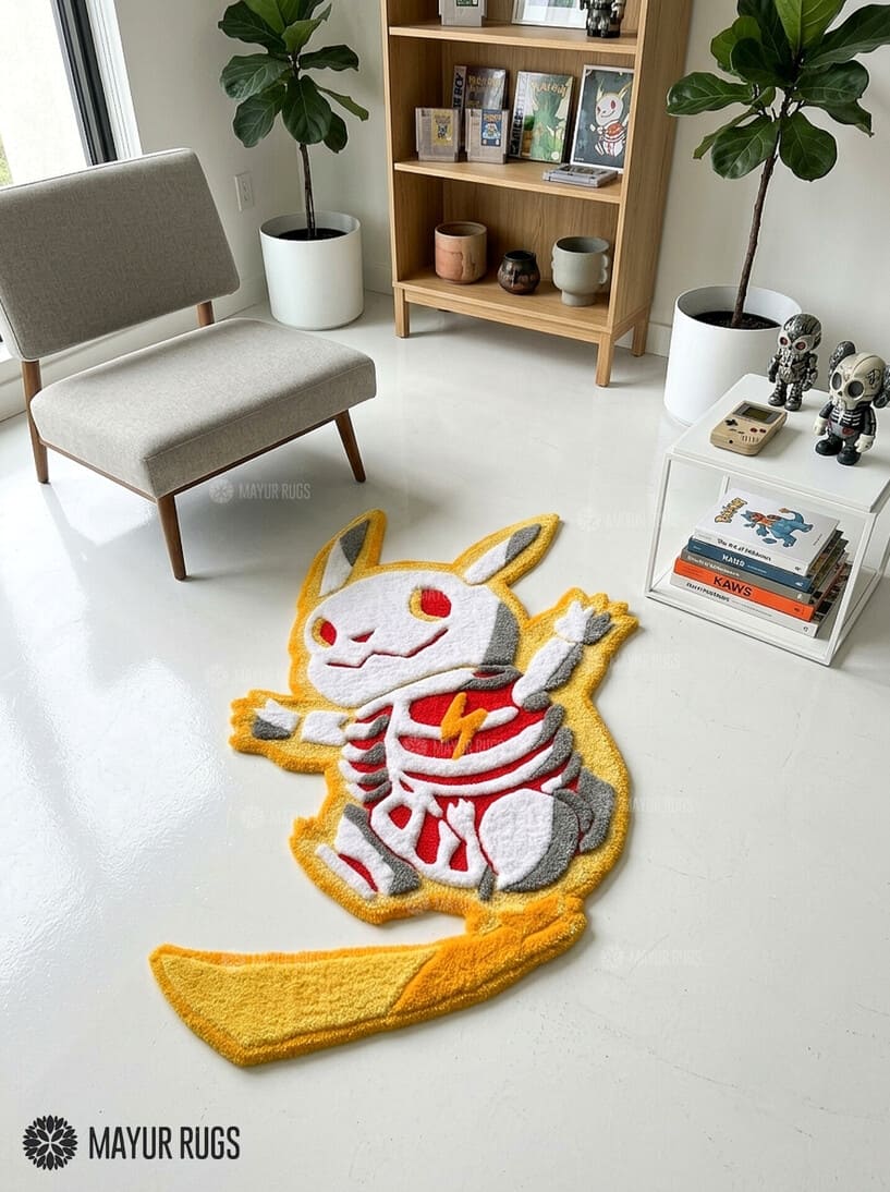 Pikachu skeleton inspired 3D hand-tufted custom Pokémon rug featuring a yellow Pikachu-inspired character with white and grey skeleton detailing, red accents, pointed ears, and lightning-bolt tail by Mayur Rugs.