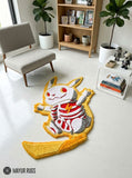 Pikachu skeleton inspired 3D hand-tufted custom Pokémon rug featuring a yellow Pikachu-inspired character with white and grey skeleton detailing, red accents, pointed ears, and lightning-bolt tail by Mayur Rugs.