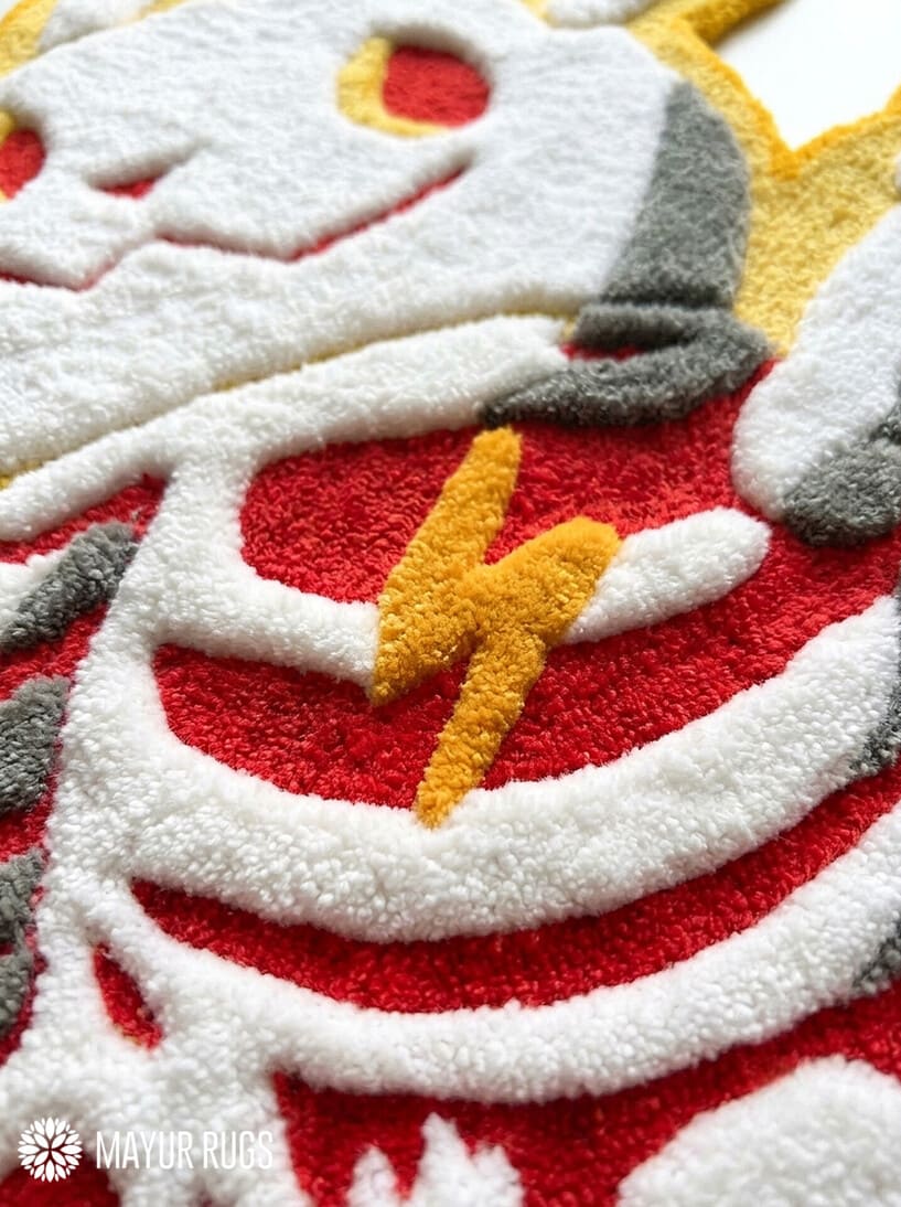 Pikachu skeleton inspired 3D hand-tufted custom Pokémon rug featuring a yellow Pikachu-inspired character with white and grey skeleton detailing, red accents, pointed ears, and lightning-bolt tail by Mayur Rugs.