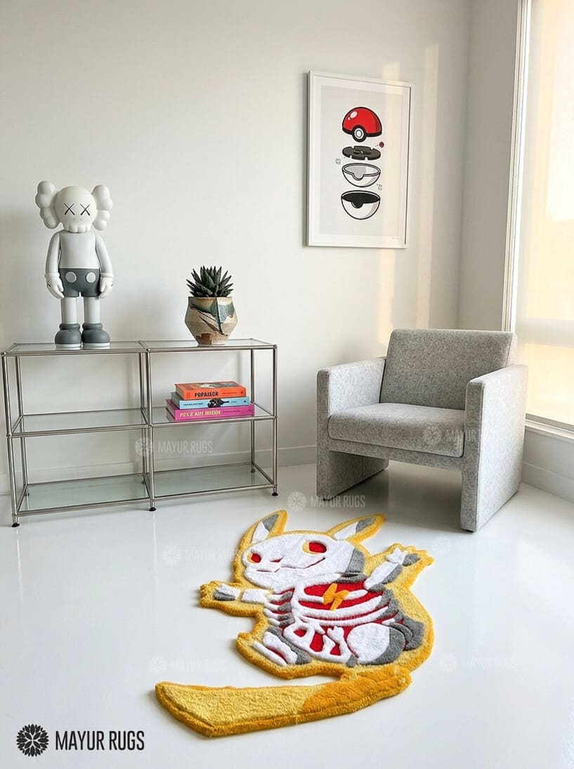 Pikachu skeleton inspired 3D hand-tufted custom Pokémon rug featuring a yellow Pikachu-inspired character with white and grey skeleton detailing, red accents, pointed ears, and lightning-bolt tail by Mayur Rugs.