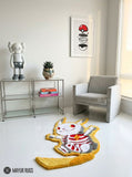 Pikachu skeleton inspired 3D hand-tufted custom Pokémon rug featuring a yellow Pikachu-inspired character with white and grey skeleton detailing, red accents, pointed ears, and lightning-bolt tail by Mayur Rugs.