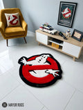 Ghostbusters inspired hand-tufted custom wool rug featuring a white ghost over a red circle with black background, raised 3D details, and a custom circular silhouette by Mayur Rugs.