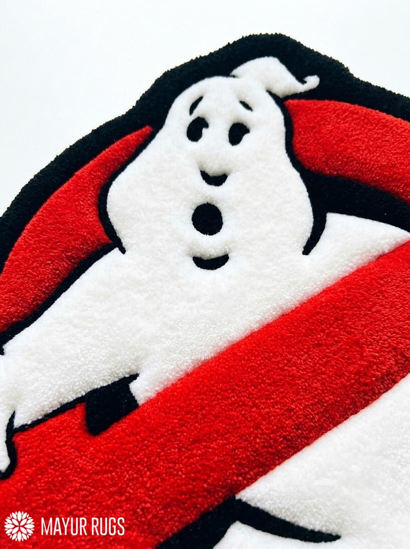 Ghostbusters inspired hand-tufted custom wool rug featuring a white ghost over a red circle with black background, raised 3D details, and a custom circular silhouette by Mayur Rugs.