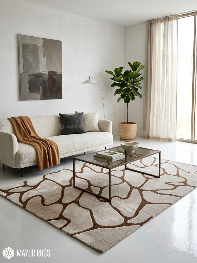 Organic pebble abstract silk and wool hand-tufted area rug featuring irregular cream and beige forms with flowing brown outlines in a neutral modern design by Mayur Rugs.