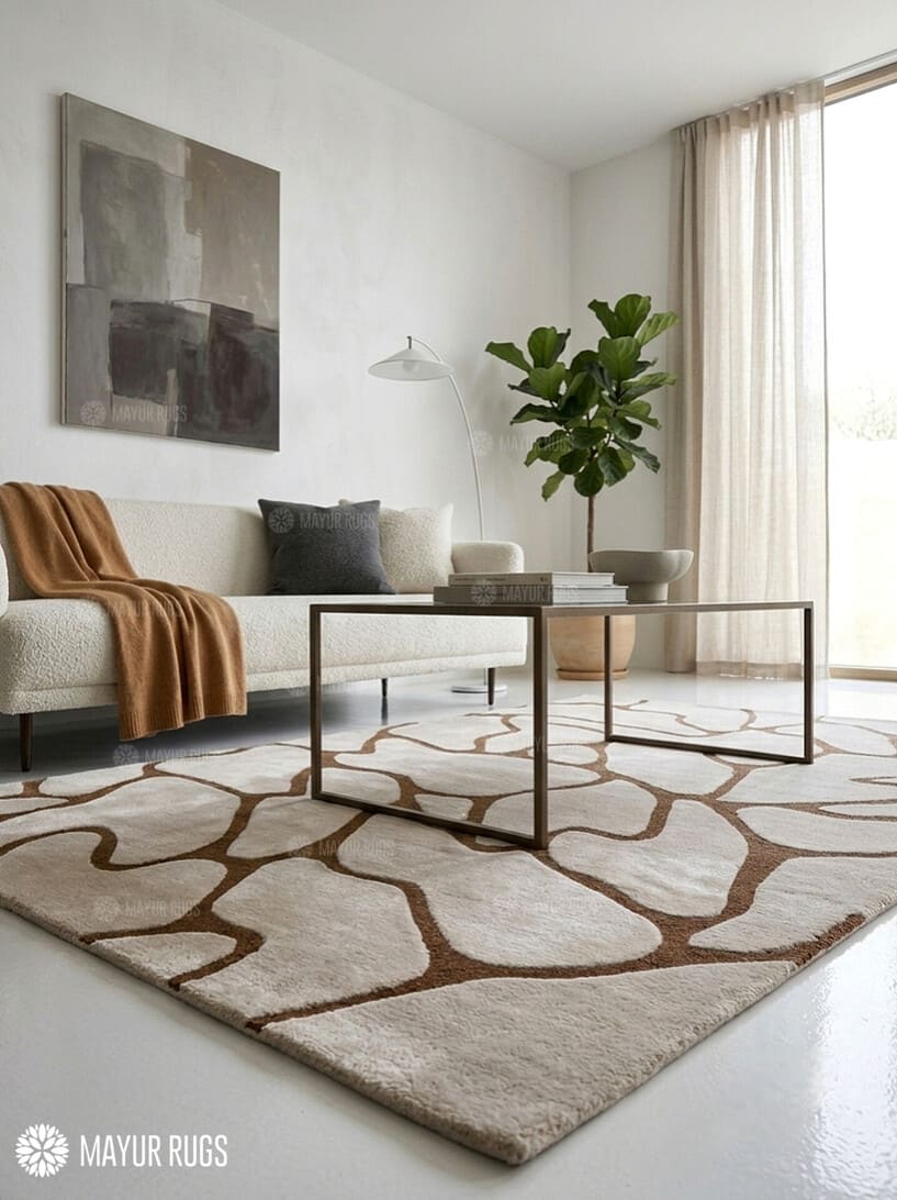 A large area rug with an organic, wavy abstract pattern in brown and cream, styled in a modern living room setting with a sofa, coffee table, and potted plant.