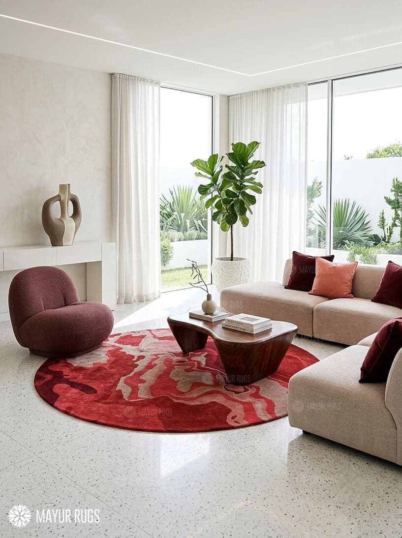 Red Marble Abstract Hand-Tufted Round Rug
